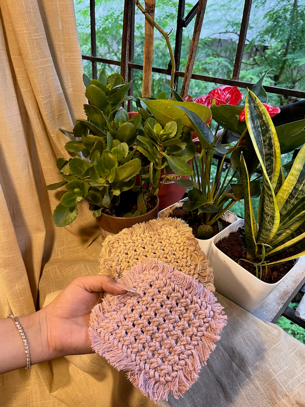 Macrame Coasters (Pair), hand-crocheted by Mindori