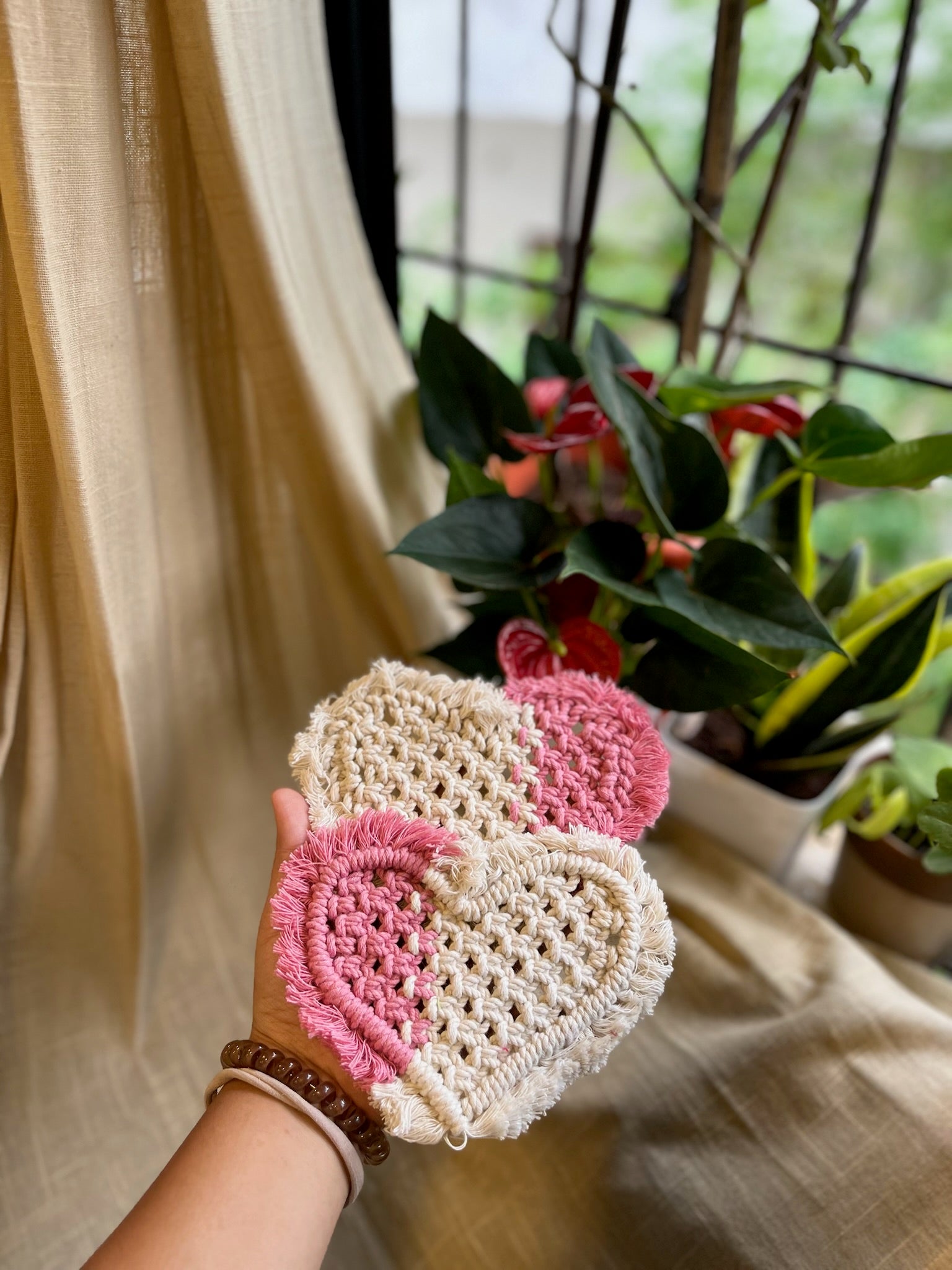 Macrame Heart Coasters (Pair), hand-crocheted by Mindori