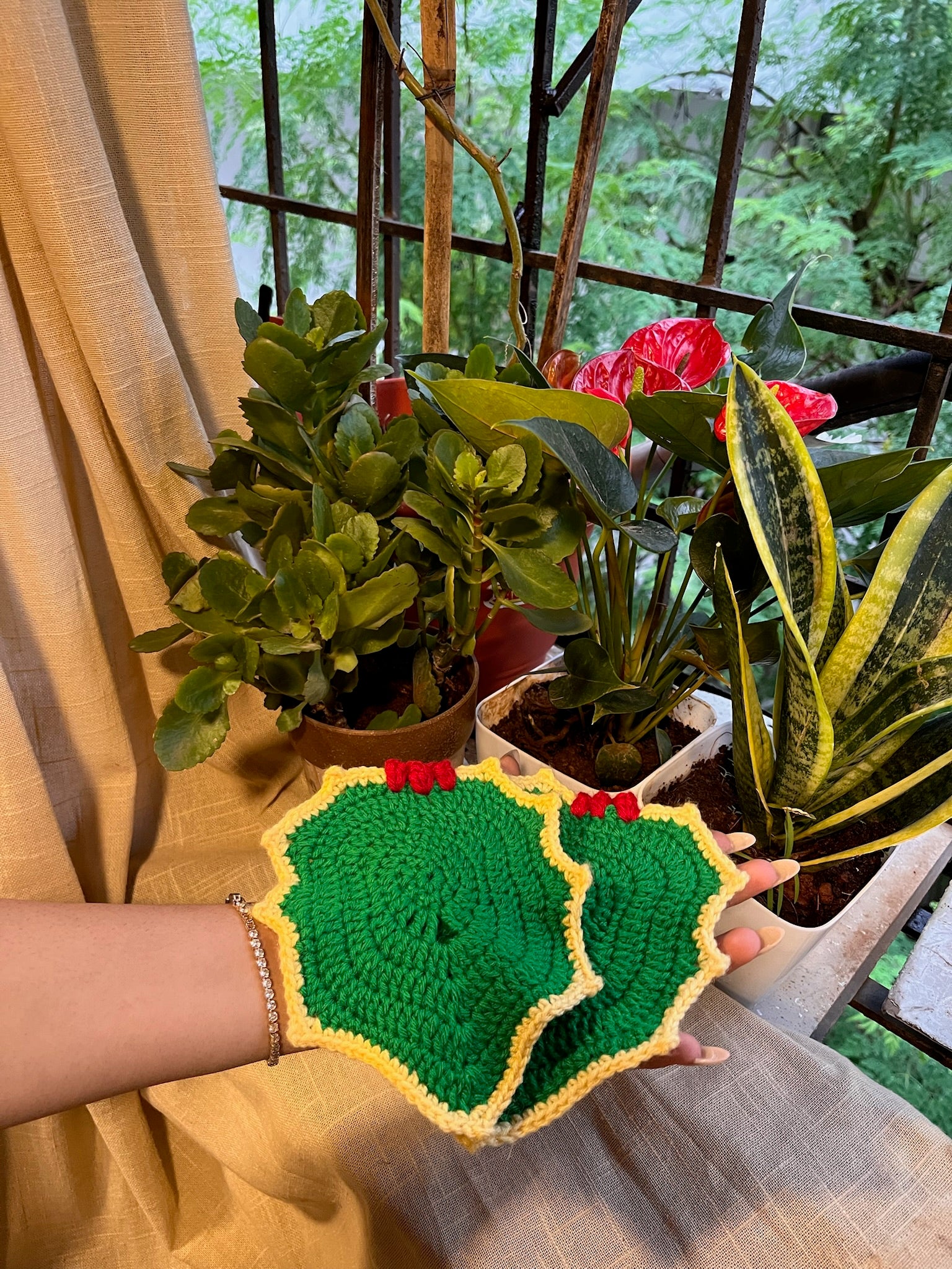 Maple Leaf Coasters (Pair), hand-crocheted by Mindori