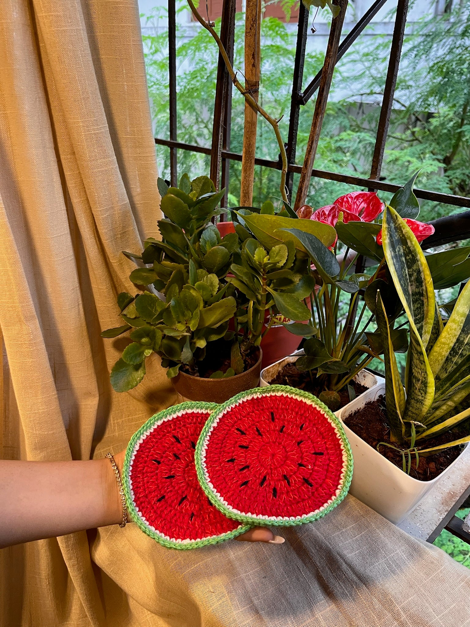 Watermelon Coasters (Pair), hand-crocheted by Mindori