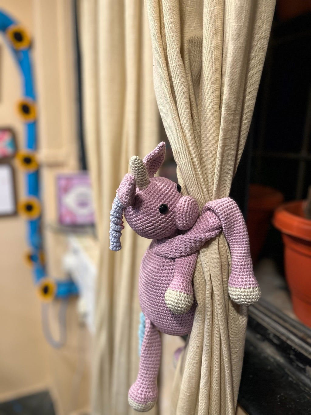 Whimsical Unicorn Curtain Tie, hand-crocheted by Mindori